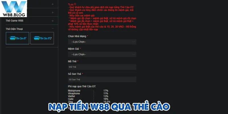 Sử dụng thẻ cào điện thoại để nạp tiền W88 được nhiều bạn trẻ lựa chọn